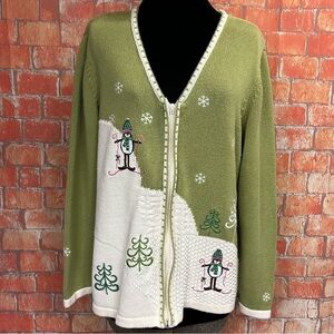 CJ Banks Appliqued Embroidered‎ Snowman Zip Front Cardigan Sweater